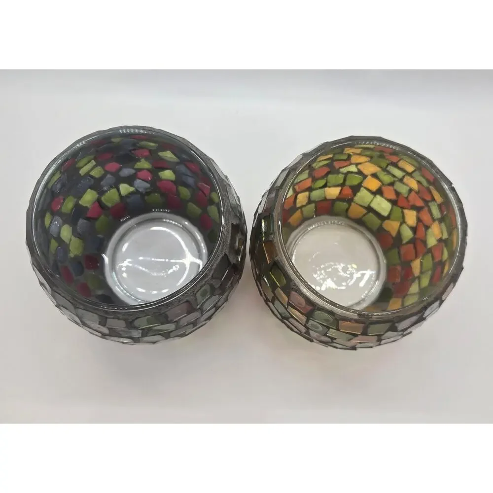 Set of 2 Multicolor Glass Votive Candle Holders Mosaic Round Colorful Boho Decor
